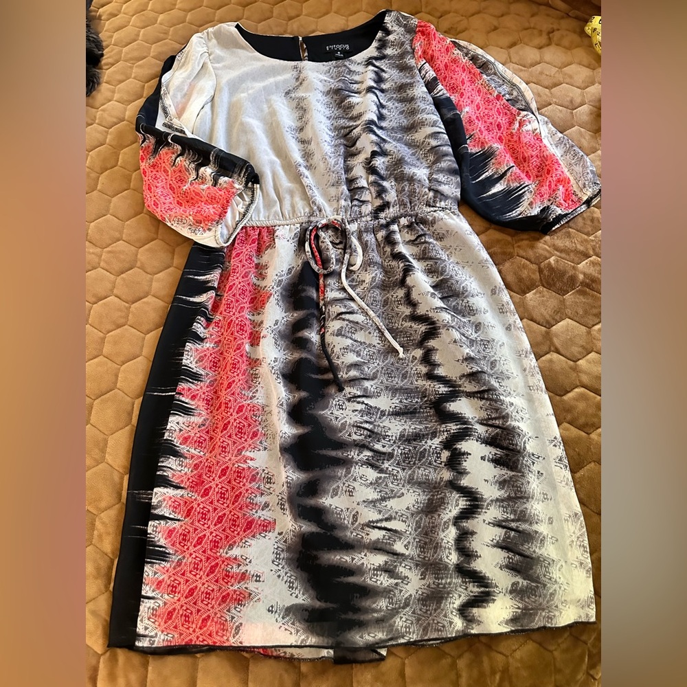 Enfocus Studio Coral and Black Dress with Cold Shoulder Sleeve